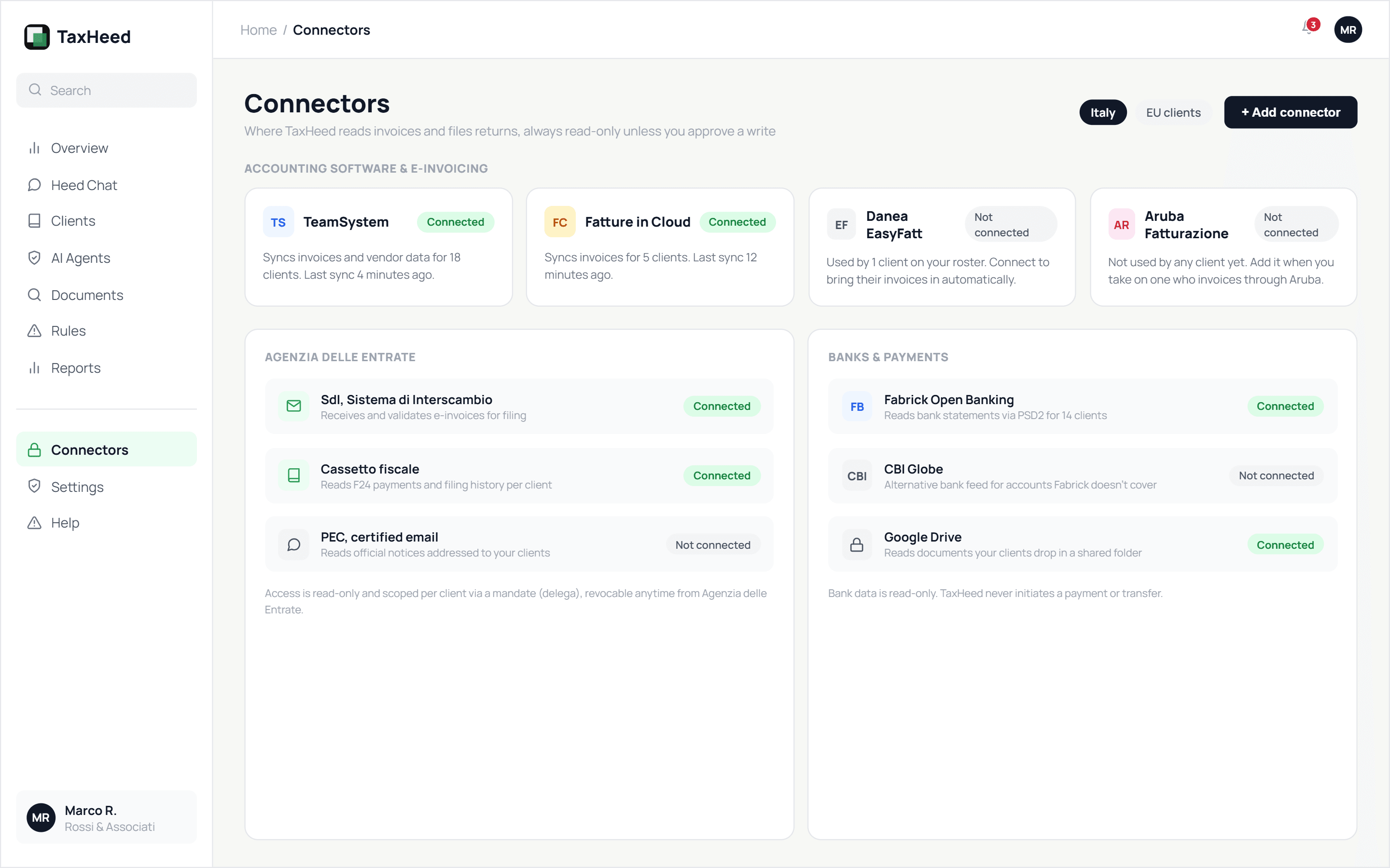 TaxHeed connectors: TeamSystem, Fatture in Cloud, SdI, Cassetto fiscale and bank feeds
