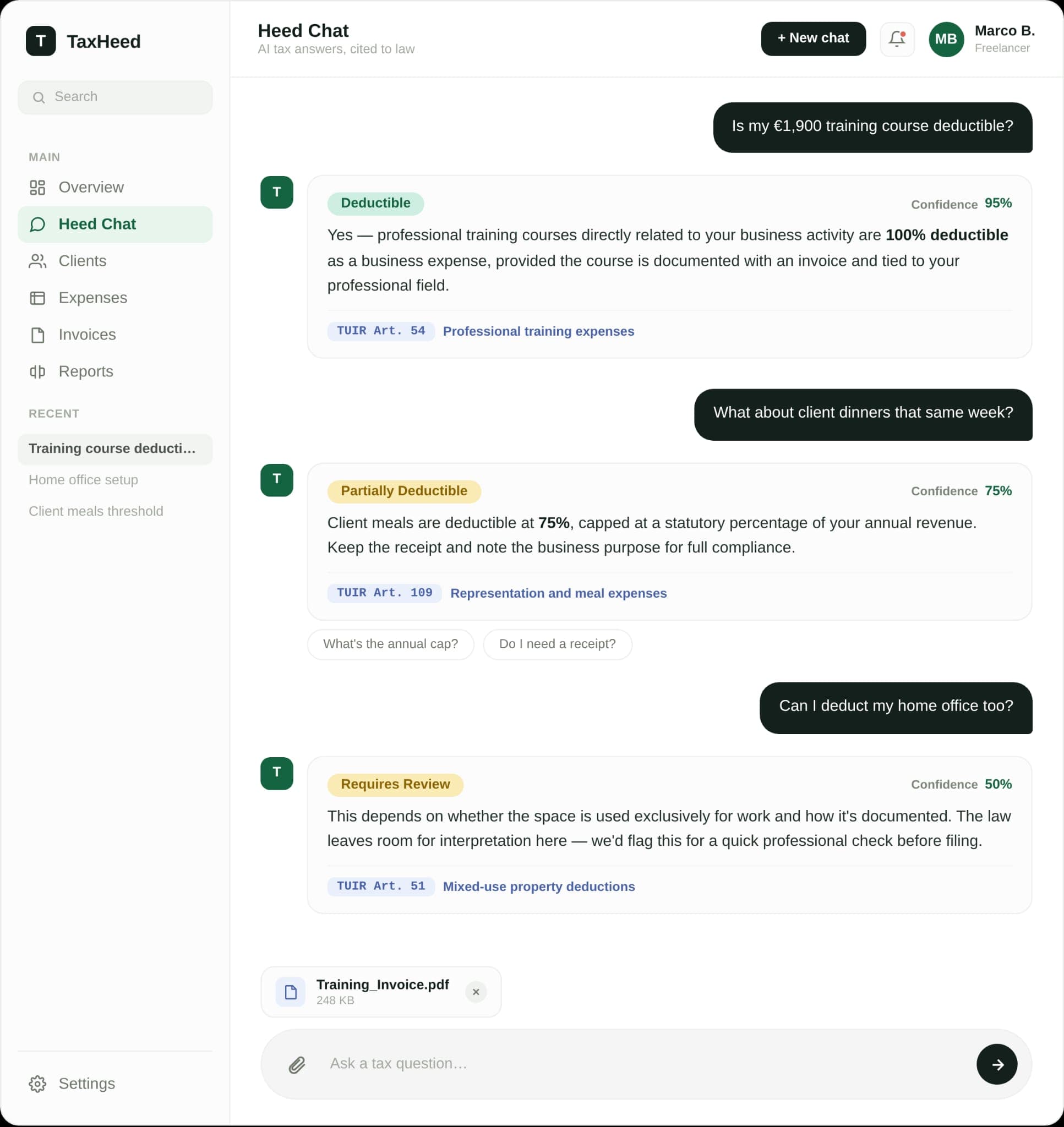 Heed Chat answering deductibility questions with verdicts, confidence scores, and TUIR article citations
